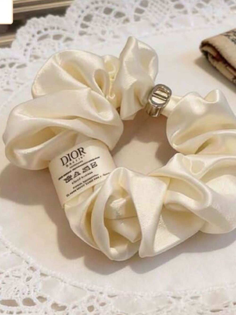 Dior Ivory Satin Hair Scrunchie with Logo Charm